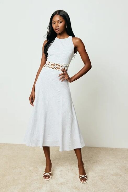 Just Me Dresses & Skirts - NWOT Just Me Shya Blue and White Striped Crochet Lace Midi Dress S